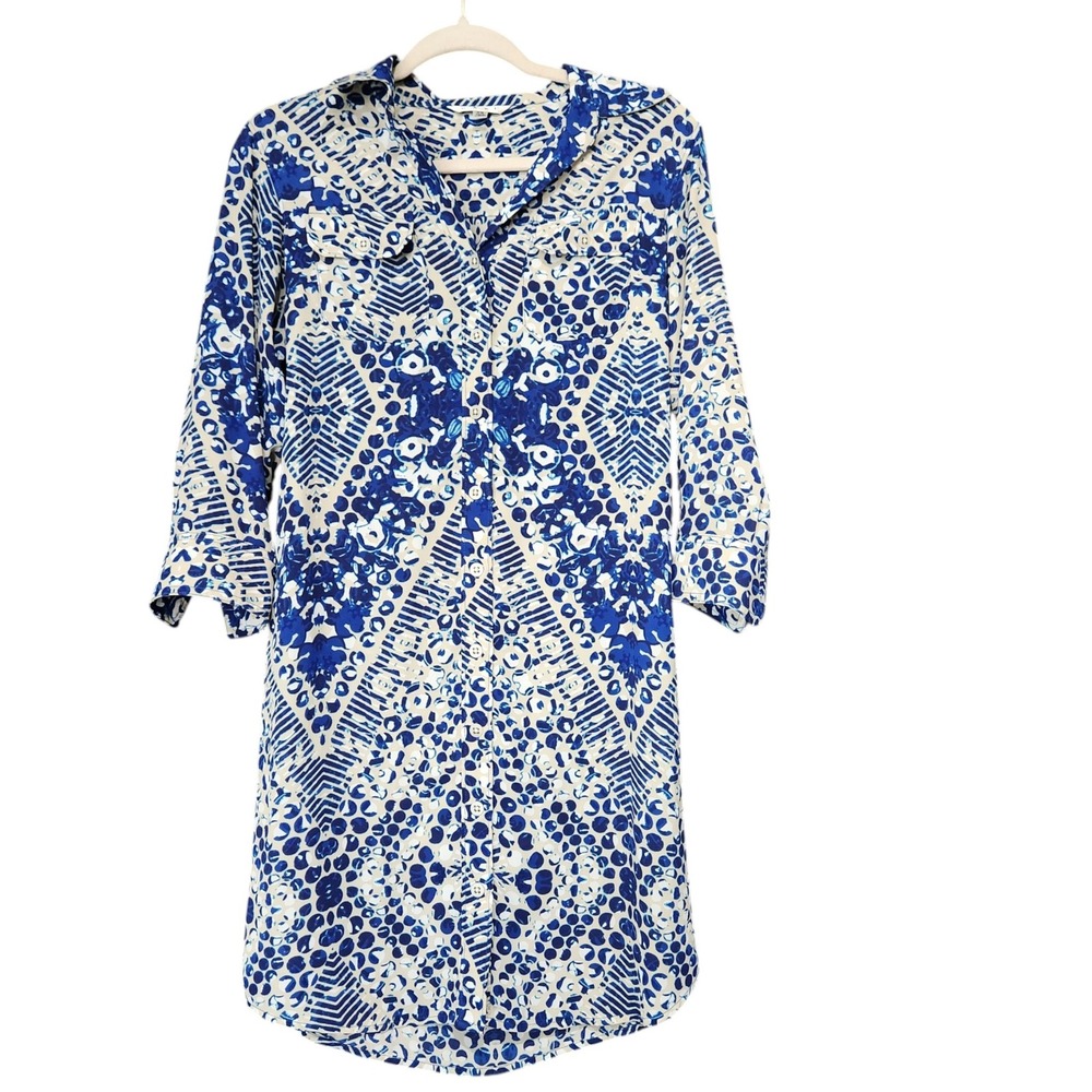 Cabi Blue Geometric Batik Print Button Front Shirt Dress 422 Womens XS
